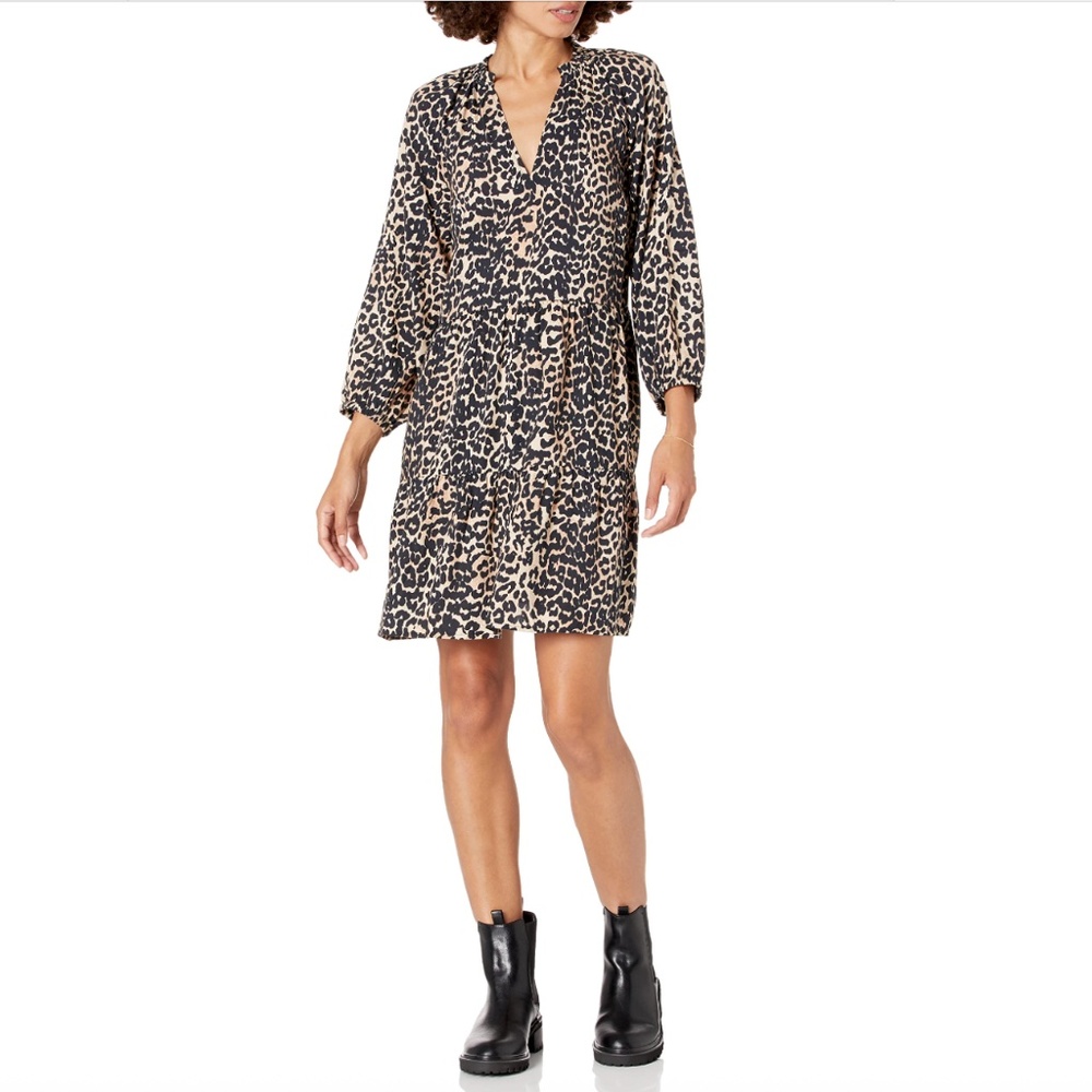 The Drop Caralyn Mirand Ruffle-neck V-Neck Tiered Mini Dress in Leopard Large